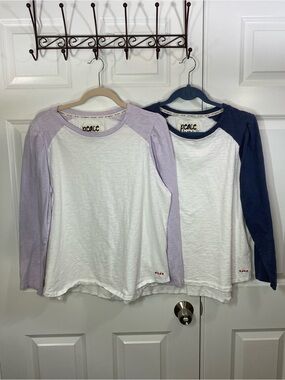 2fer!!! Peace Love World Baseball white Tee’s with Lilac and Navy Raglan Sleeves